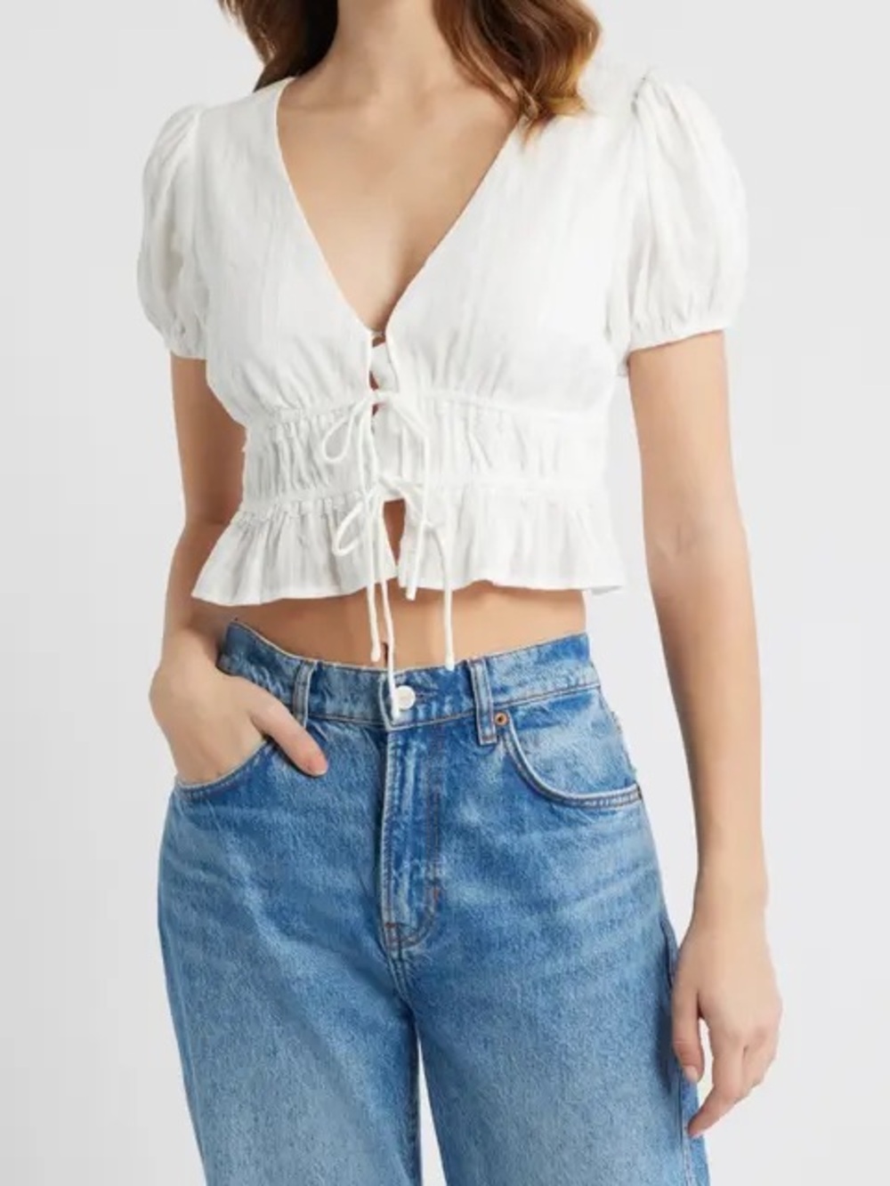 All in Favor White Tie-Front Puff Sleeve Crop Top